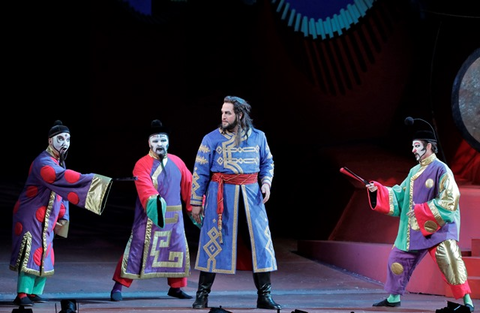 Julius Ahn (Pang), Joo Won Kang (Ping), Brian Jagde (Calaf), and Joel Sorensen (Pong) in a scene from Puccini's "Turandot." 