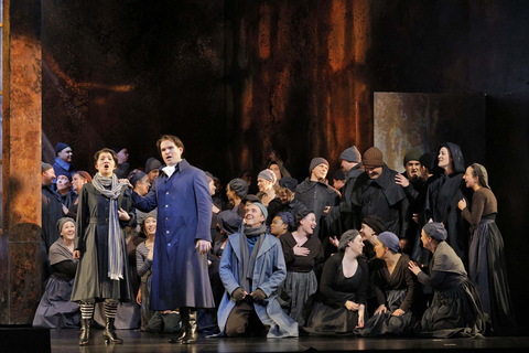 Mei Gui Zhang as Oscar, Michael Fabiano as Gustavus III, Samuel Kidd as Christiano, and members of the San Francisco Opera Chorus in Verdi's "Un Ballo in Maschera." Photo: Cory Weaver/San Francisco Opera