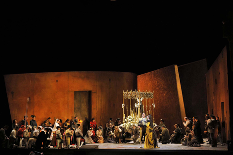 Christian Van Horn as Escamillo, Eve-Maud Hubeaux and members of the San Francisco Opera Chorus in Bizet's "Carmen." Photo: Cory Weaver/San Francisco Opera