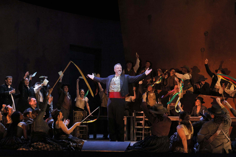 Christian Van Horn as Escamillo with members of the San Francisco Opera Chorus in Bizet's "Carmen." Photo: Cory Weaver/San Francisco Opera