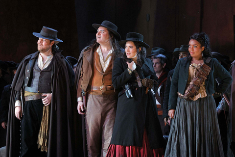 Christopher Oglesby as Dancaïre, Alex Boyer as Remendado, Nikola Printz as Mercédès, and Arianna Rodriguez as Frasquita in Bizet's "Carmen." Photo: Cory Weaver/San Francisco Opera