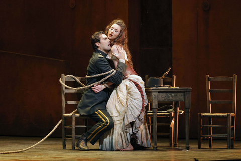 Jonathan Tetelman as Don José and Eve-Maud Hubeaux as the title role in Bizet's "Carmen." Photo: Cory Weaver/San Francisco Opera