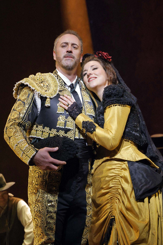 Christian Van Horn as Escamillo and Eve-Maud Hubeaux as the title role in Bizet's "Carmen." Photo: Cory Weaver/San Francisco Opera