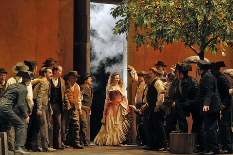 Eve-Maud Hubeaux as the title role with members of the San Francisco Opera Chorus in Bizet's "Carmen." Photo: Cory Weaver/San Francisco Opera