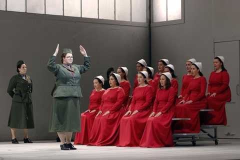 Sarah Cambidge as Aunt Lydia, Irene Roberts as Offred (bottom row, right) and members of the San Francisco Opera Chorus in Poul Ruders and Paul Bentley's "The Handmaid's Tale." Photo: Cory Weaver/San Francisco Opera