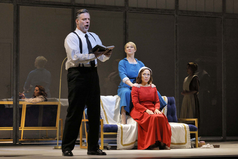 John Relyea as The Commander, Lindsay Ammann as Serena Joy, and Irene Roberts in Poul Ruders and Paul Bentley's "The Handmaid's Tale." Photo: Cory Weaver/San Francisco Opera