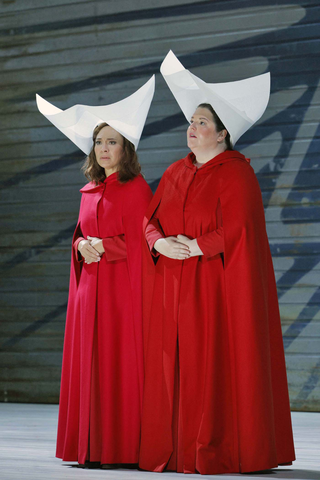 Irene Roberts as Offred and Rhoslyn Jones as Ofglen in Poul Ruders and Paul Bentley's "The Handmaid's Tale." Photo: Cory Weaver/San Francisco Opera