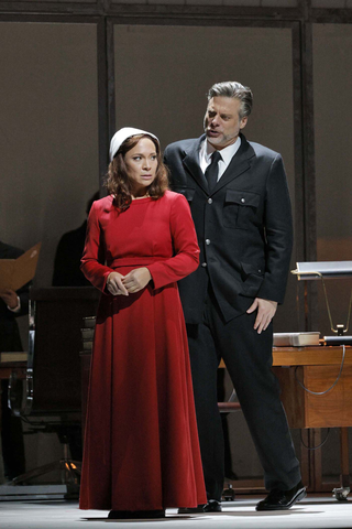 Irene Roberts as Offred and John Relyea as The Commander in Poul Ruders and Paul Bentley's "The Handmaid's Tale." Photo: Cory Weaver/San Francisco Opera