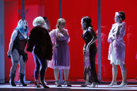 Caroline Corrales (left) as Moira, Irene Roberts (center) as Offred in Poul Ruders and Paul Bentley's "The Handmaid's Tale." Photo: Cory Weaver/San Francisco Opera