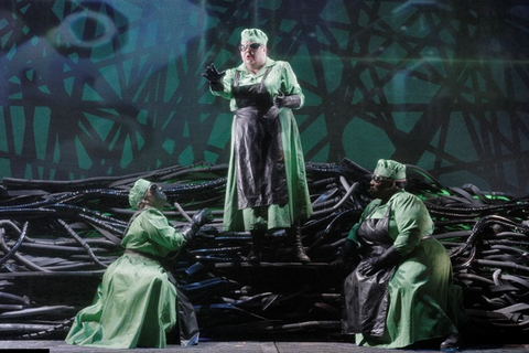 Sarah Cambidge (Third Norn), Jamie Barton (Second Norn), and Ronnita Miller (First Norn) in the Prologue to Wagner's "Götterdämmerung."  Photographer: Cory Weaver/San Francisco Opera.