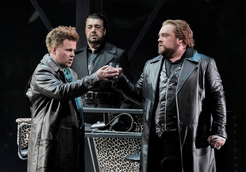 Daniel Brenna as Siegfried, Andrea Silvestrelli as Hagen (center) and Brian Mulligan as Gunther in Wagner's "Götterdämmerung."  Photographer: Cory Weaver/San Francisco Opera.