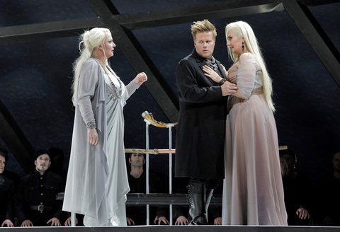 Iréne Theorin as Brünnhilde, Daniel Brenna as Siegfried and Melissa Citro as Gutrune in Wagner's "Götterdämmerung."   Photographer: Cory Weaver/San Francisco Opera.