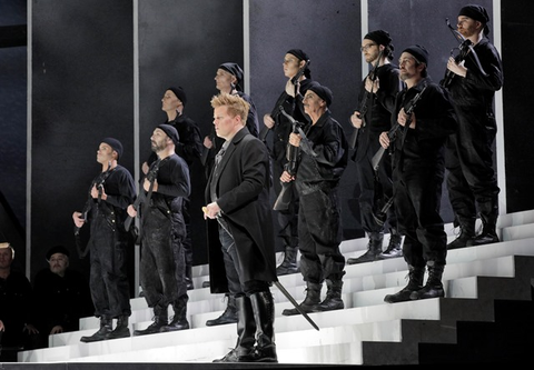 Daniel Brenna as Siegfried with Hagen's men (performed by supernumeraries) in Wagner's "Götterdämmerung."  Photographer: Cory Weaver/San Francisco Opera.