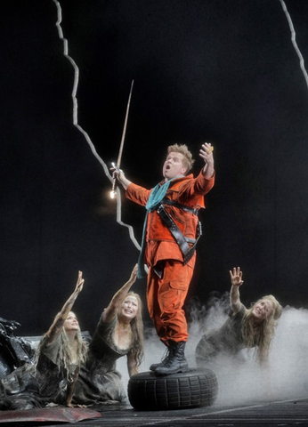 Daniel Brenna as Siegfried surrounded by Stacey Tappan (Woglinde), Renée Tatum (Flosshilde) and Lauren McNeese as Wellgunde in Wagner's "Götterdämmerung."   Photographer: Cory Weaver/San Francisco Opera.