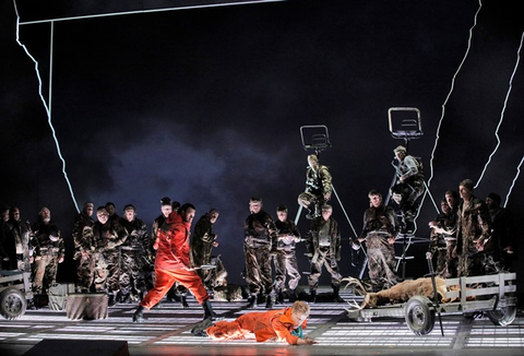 Andrea Silvestrelli as Hagen, Daniel Brenna as Siegfried, and members of the San Francisco Opera Chorus in Wagner's "Götterdämmerung."  Photographer: Cory Weaver/San Francisco Opera.