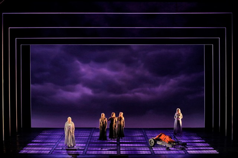  Iréne Theorin (Brünnhilde), Lauren McNeese (Wellgunde), Renée Tatum (Flosshilde), Stacey Tappan (Woglinde) and Melissa Citro (Gutrune) in the final scene of Wagner's "Götterdämmerung."  Photographer: Cory Weaver/San Francisco Opera.