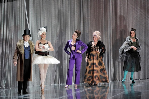 Robert Brubaker as Guillot de Morfontaine, dancer Rachel Little, Renée Rapier as Rosette, Monica Dewey as Pousette, and Laura Krumm as Javotte in Massenet's "Manon." Photographer: Cory Weaver/San Francisco Opera.