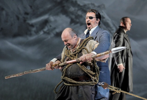 Falk Struckmann as Alberich as Greer Grimsley as Wotan in Wagner's "Das Rheingold."  Photographer: Cory Weaver/San Francisco Opera.