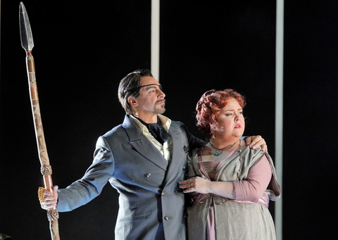 Greer Grimsley as Wotan and Jamie Barton as Fricka in Wagner’s “Das Rheingold.” Photographer: Cory Weaver/San Francisco Opera.