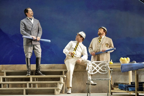 Greer Grimsley as Wotan, Brandon Jovanovich as Froh and Brian Mulligan as Donner in Wagner’s “Das Rheingold.”  Photographer: Cory Weaver/San Francisco Opera.