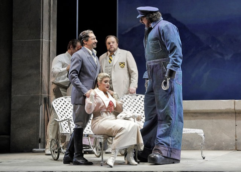 Greer Grimsley as Wotan, Julie Adams as Freia and Andrea Silvestrelli as Fasolt in Wagner’s “Das Rheingold,” with Brandon Jovanovich as Froh and Brian Mulligan as Donner looking on. Photographer: Cory Weaver/San Francisco Opera.