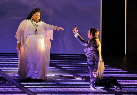 Ronnita Miller as Erda and Greer Grimsley as Wotan in Wagner’s “Das Rheingold.”  Photographer: Cory Weaver/San Francisco Opera.