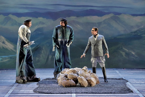 Raymond Aceto as Fafner, Andrea Silvestrelli as Fasolt and Greer Grimsley as Wotan in Wagner’s “Das Rheingold.”  Photographer: Cory Weaver/San Francisco Opera.