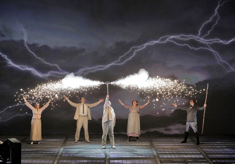 A scene from Wagner’s “Das Rheingold” with Julie Adams as Freia, Brandon Jovanoviich as Froh, Brian Mulligan as Donner, Jamie Barton as Fricka and Greer Grimsley as Wotan.  Photographer: Cory Weaver/San Francisco Opera.