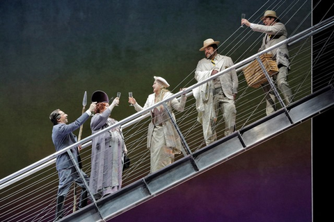 The Gods enter Valhalla at the conclusion of Wagner’s “Das Rheingold” with Greer Grimsley as Wotan, Jamie Barton as Fricka, Julie Adams as Freia, Brian Mulligan as Donner and Brandon Jovanovich as Froh. Photographer: Cory Weaver/San Francisco Opera.