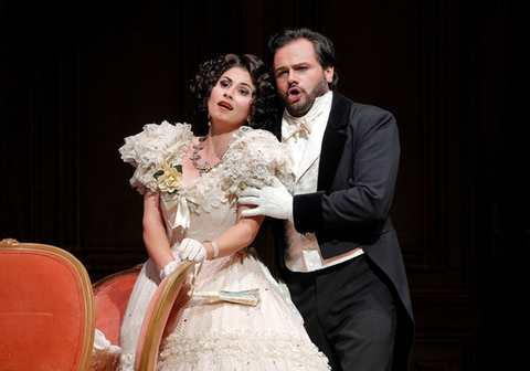 Aurelia Florian as Violetta Valéry and Atalla Ayan as Alfredo in Verdi's "La Traviata." Photographer: Cory Weaver/San Francisco Opera.