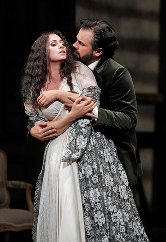 Aurelia Florian as Violetta Valéry and Atalla Ayan as Alfredo Germont in Verdi's "La Traviata."  Photographer: Cory Weaver/San Francisco Opera.