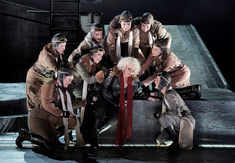 Iréne Theorin as Brünnhilde (center) surrounded by Nicole Birkland (Schwertleite), Renée Tatum (Waltraute), Laura Krumm (Siegrune), Julie Adams (Gerhilde), Melissa Citro (Helmwige), Sarah Cambidge (Ortlinde), Renée Rapier (Grimgerde) and Lauren McNeese (Rossweisse) in Wagner's "Die Walküre." Photographer: Cory Weaver/San Francisco Opera.