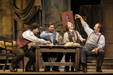 Pene Pati (Rodolfo), Bogdan Talos (Colline), Samuel Kidd (Schaunard), and Lucas Meachem (Marcello), La Bohème, Giacomo Puccini. San Francisco Opera, 2024-25. Photo: Cory Weaver/San Francisco Opera