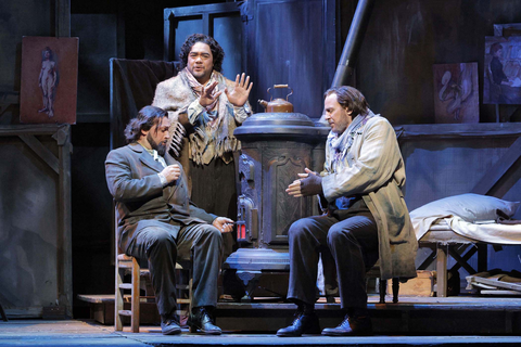 Bogdan Talos (Colline), Pene Pati (Rodolfo), and Lucas Meachem (Marcello), La Bohème, Giacomo Puccini. San Francisco Opera, 2024-25. Photo: Cory Weaver/San Francisco Opera