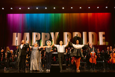 Brian Mulligan, Jamie Barton, Nikola Printz, Robert Mollicone, and Sapphira Cristál bow with the San Francisco Opera Orchestra at the Pride Concert, June 27, 2025  Photo: Kristen Loken/San Francisco Opera