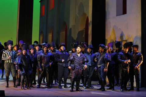 Jongwon Han as Count Ceprano with members of the San Francisco Opera Chorus in Verdi's "Rigoletto."