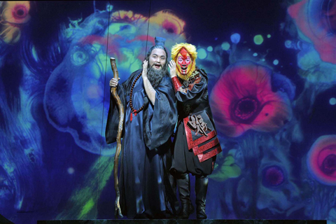 Jusung Gabriel Park as Master Subhuti and Kang Wang as the title role in Huang Ruo and David Henry Hwang's "The Monkey King." Photo: Cory Weaver/San Francisco Opera