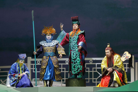 Hongni Wu as Venus Star, Joo Won Kang as Dragon King Ao Guang, Konu Kim as Jade Emperor, and Peixin Chen as Supreme Sage Laojun in Huang Ruo and David Henry Hwang's "The Monkey King." Photo: Cory Weaver/San Francisco Opera