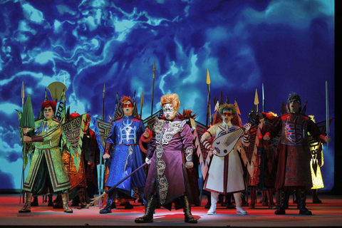 Joo Won Kang as Lord Erlang (center) with Christopher Jackson as King of the North, Chester Pidduck as King of the South, Jonathan Smucker as King of the East, and William O'Neill as King of the West in Huang Ruo and David Henry Hwang's "The Monkey King." Photo: Cory Weaver/San Francisco Opera