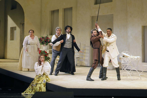 A scene from Rossini's "The Barber of Seville" with Mary Hoskins as Berta, Maria Kataeva as Rosina, Renato Girolami as Doctor Bartolo, Riccardo Fassi as Don Basilio, Joshua Hopkins as Figaro, and Levy Sekgapane as Count Almaviva. Photo: Cory Weaver/San Francisco Opera
