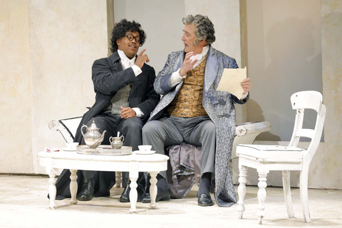 Levy Sekgapane as Count Almaviva (in disguise as Don Alonso) and Renato Girolami as Doctor Bartolo in Rossini's "The Barber of Seville." Photo: Cory Weaver/San Francisco Opera