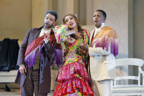 Joshua Hopkins as Figaro, Maria Kataeva as Rosina, and Levy Sekgapane as Count Almaviva in Rossini's "The Barber of Seville." Photo: Cory Weaver/San Francisco Opera