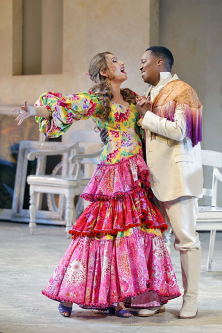 Maria Kataeva as Rosina and Levy Sekgapane as Count Almaviva in Rossini's "The Barber of Seville." Photo: Cory Weaver/San Francisco Opera