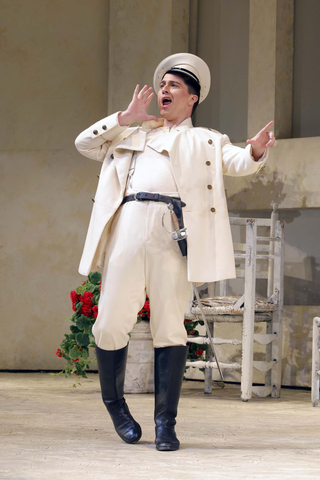 Jack Swanson as Count Almaviva (in disguise as a drunken soldier) in Rossini's "The Barber of Seville." Photo: Cory Weaver/San Francisco Opera