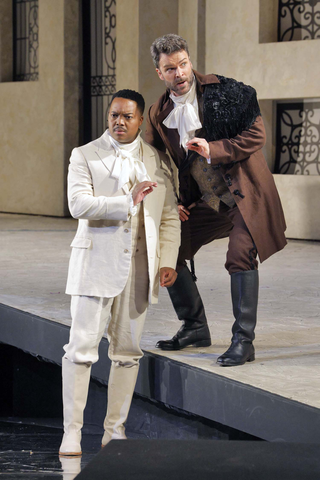 Levy Sekgapane as Count Almaviva and Joshua Hopkins as Figaro in Rossini's "The Barber of Seville." Photo: Cory Weaver/San Francisco Opera