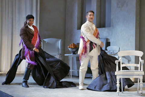 Justin Austin as Figaro and Jack Swanson as Count Almaviva in Rossini's "The Barber of Seville." Photo: Cory Weaver/San Francisco Opera