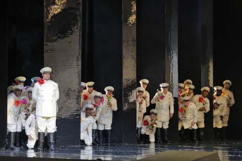 Thomas Kinch as an Officer with members of the San Francisco Opera Chorus in Rossini's "The Barber of Seville." Photo: Cory Weaver/San Francisco Opera