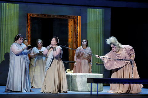 A scene from Strauss' "Elektra" with Sadie Cheslak, Laura Krumm, Mary Hoskins, Caroline Corrales, and Gabrielle Beteag as the Maidservants and Alexandra Loutsion (far right) as the Overseer. Photo: Cory Weaver/San Francisco Opera
