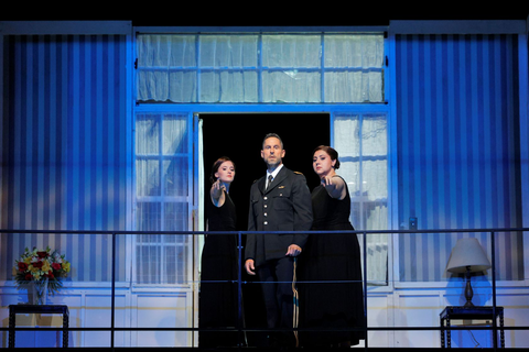 Sofia Gotch as Klytemnestra confidante, Kyle Ketelsen as Orest and Alexa Frankian as Klytemnestra’s trainbearer in Strauss’ “Elektra.” Photo: Cory Weaver/San Francisco Opera