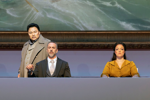 Amartuvshin Enkhbat as Simon Boccanegra, Christian Van Horn as Jacopo Fiesco, and Eleonora Buratto as Amelia Grimaldi in Verdi's "Simon Boccanegra." Photo: Cory Weaver/San Francisco Opera